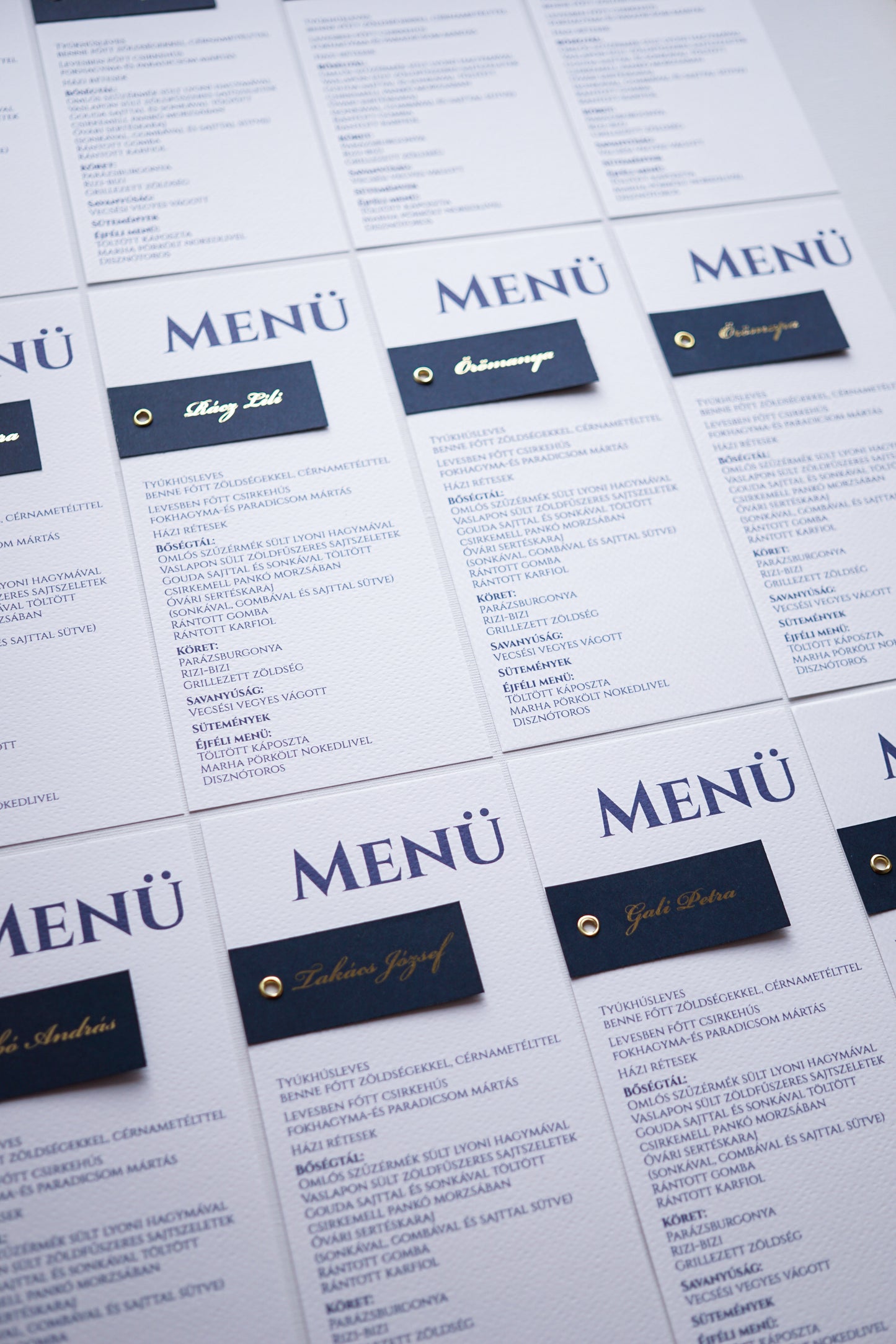 ME53 - Meniu și place card bleumarin cu nume aurii din folie metalică