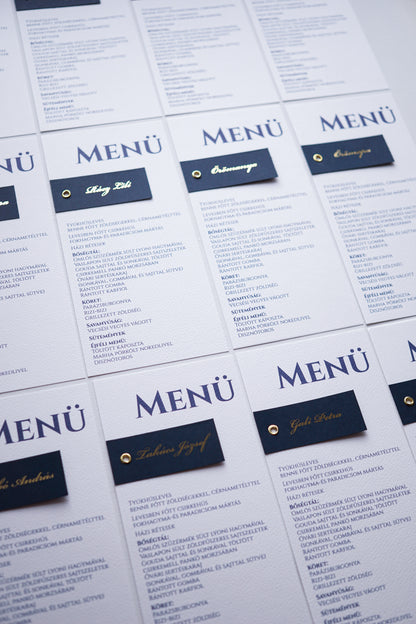 ME53 - Meniu și place card bleumarin cu nume aurii din folie metalică