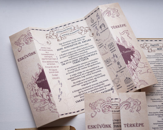 EM64 v2- Tekergők térképe esküvői meghívó, Harry Potter-es meghívó
