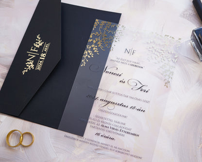 9214 - Plexi esküvői meghívó-esküvői meghívó-Erdélyi Esküvői Meghívók-arany,elegáns,fekete,greenery,level,plexi,premium-Erdélyi Esküvői Meghívók