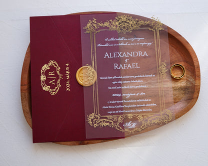 9363 - Plexi esküvői meghívó-esküvői meghívó-Erdélyi Esküvői Meghívók-arany,barokk minta,elegáns,piros,plexi,premium-Erdélyi Esküvői Meghívók