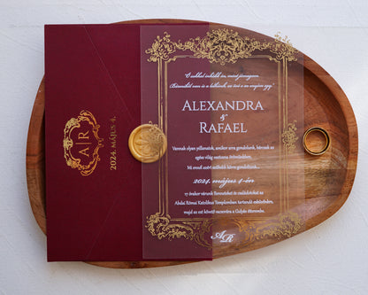 9363 - Plexi esküvői meghívó-esküvői meghívó-Erdélyi Esküvői Meghívók-arany,barokk minta,elegáns,piros,plexi,premium-Erdélyi Esküvői Meghívók