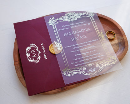 9363 - Plexi esküvői meghívó-esküvői meghívó-Erdélyi Esküvői Meghívók-arany,barokk minta,elegáns,piros,plexi,premium-Erdélyi Esküvői Meghívók