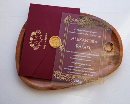 9363 - Plexi esküvői meghívó-esküvői meghívó-Erdélyi Esküvői Meghívók-arany,barokk minta,elegáns,piros,plexi,premium-Erdélyi Esküvői Meghívók
