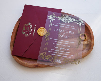 9363 - Plexi esküvői meghívó-esküvői meghívó-Erdélyi Esküvői Meghívók-arany,barokk minta,elegáns,piros,plexi,premium-Erdélyi Esküvői Meghívók