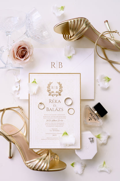 1124 - Elegáns Esküvői Meghívó-esküvői meghívó-Erdélyi Esküvői Meghívók-arany,barokk minta,dombornyomott,elegáns,premium-Erdélyi Esküvői Meghívók