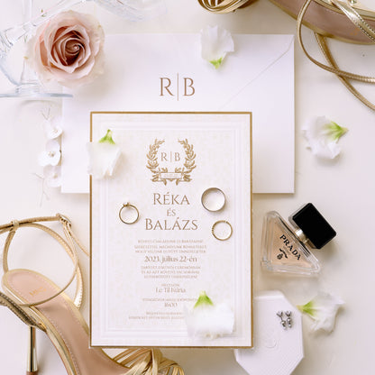 1124 - Elegáns Esküvői Meghívó-esküvői meghívó-Erdélyi Esküvői Meghívók-arany,barokk minta,dombornyomott,elegáns,premium-Erdélyi Esküvői Meghívók