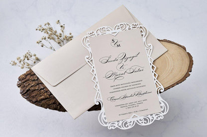 1113 - Lézervágott Esküvői Meghívó-esküvői meghívó-Erdélyi Esküvői Meghívók-barack,elegáns,lasercut,Lézervágott,premium-Erdélyi Esküvői Meghívók