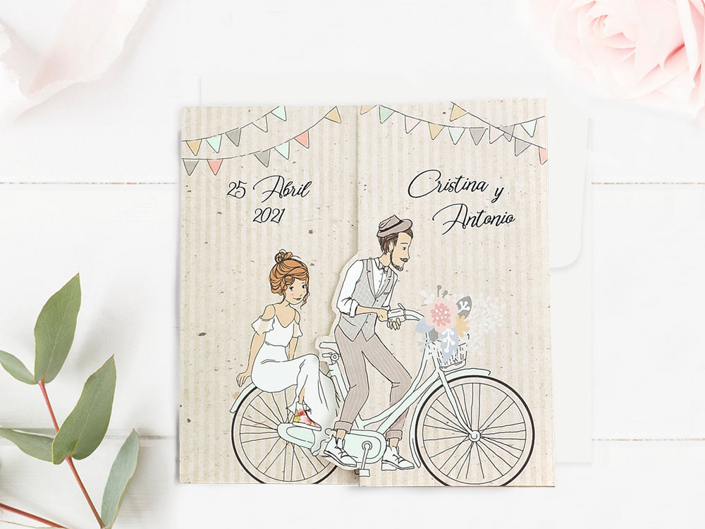 39714-esküvői meghívó-biciklis, krém, rajz, vicces-Erdélyi Esküvői Meghívók