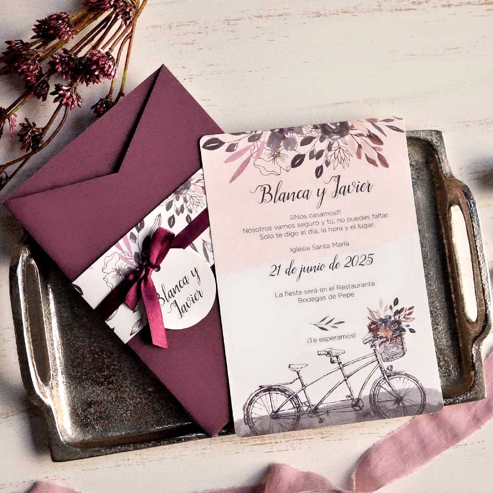 39812-esküvői meghívó-biciklis, lila, masni, virág-Erdélyi Esküvői Meghívók