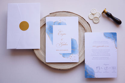 Esküvői meghívó EM16 - Két oldalas kék és arany akvarell hatású esküvői meghívó - Erdélyi Esküvői Meghívók - Wedding invitation EM16 - Két oldalas kék és arany akvarell hatású esküvői meghívó - invitatii de nunta EM16 - Két oldalas kék és arany akvarell hatású esküvői meghívó