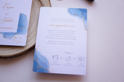 Esküvői meghívó EM16 - Két oldalas kék és arany akvarell hatású esküvői meghívó - Erdélyi Esküvői Meghívók - Wedding invitation EM16 - Két oldalas kék és arany akvarell hatású esküvői meghívó - invitatii de nunta EM16 - Két oldalas kék és arany akvarell hatású esküvői meghívó