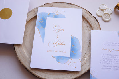 Esküvői meghívó EM16 - Két oldalas kék és arany akvarell hatású esküvői meghívó - Erdélyi Esküvői Meghívók - Wedding invitation EM16 - Két oldalas kék és arany akvarell hatású esküvői meghívó - invitatii de nunta EM16 - Két oldalas kék és arany akvarell hatású esküvői meghívó