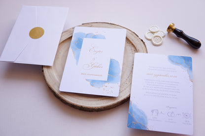 Esküvői meghívó EM16 - Két oldalas kék és arany akvarell hatású esküvői meghívó - Erdélyi Esküvői Meghívók - Wedding invitation EM16 - Két oldalas kék és arany akvarell hatású esküvői meghívó - invitatii de nunta EM16 - Két oldalas kék és arany akvarell hatású esküvői meghívó