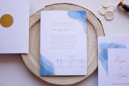 Esküvői meghívó EM16 - Két oldalas kék és arany akvarell hatású esküvői meghívó - Erdélyi Esküvői Meghívók - Wedding invitation EM16 - Két oldalas kék és arany akvarell hatású esküvői meghívó - invitatii de nunta EM16 - Két oldalas kék és arany akvarell hatású esküvői meghívó
