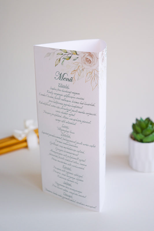 ME02 - Three-sided wedding menu - With white rose and gold pattern