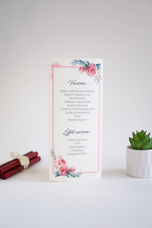 Három oldalú esküvői menü - Pink rózsa mintával