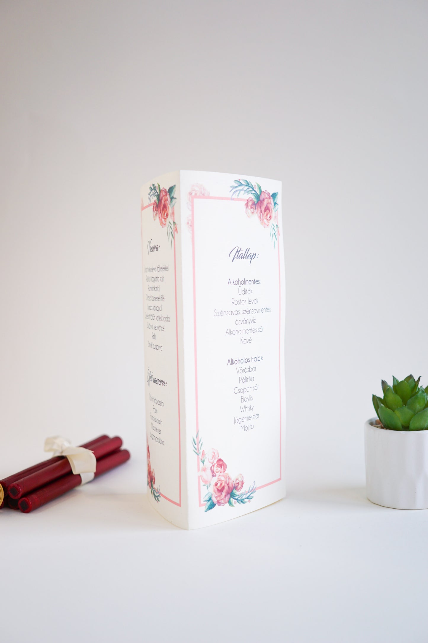 ME09 - Three-sided wedding menu - Pink with rose pattern