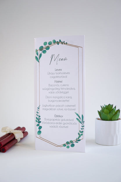 ME04 - Három oldalú esküvői menü - Greenery és arany mintával-Menü-Erdélyi Esküvői Meghívók-arany,greenery-Erdélyi Esküvői Meghívók