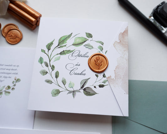 39771 - Greenery Esküvői Meghívó-esküvői meghívó-Erdélyi Esküvői Meghívók-barna,covid,greenery,virág,zöld-Erdélyi Esküvői Meghívók