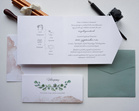 39771 - Greenery Esküvői Meghívó-esküvői meghívó-Erdélyi Esküvői Meghívók-barna,covid,greenery,virág,zöld-Erdélyi Esküvői Meghívók