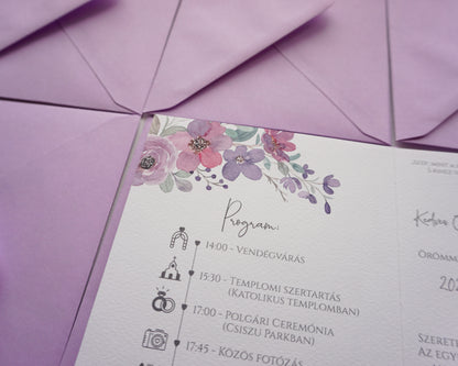 EM27 - Kinyitható Lila virágos esküvői meghívó-esküvői meghívó-Erdélyi Esküvői Meghívók-egyedi,greenery,lila,virág,watercolor-Erdélyi Esküvői Meghívók