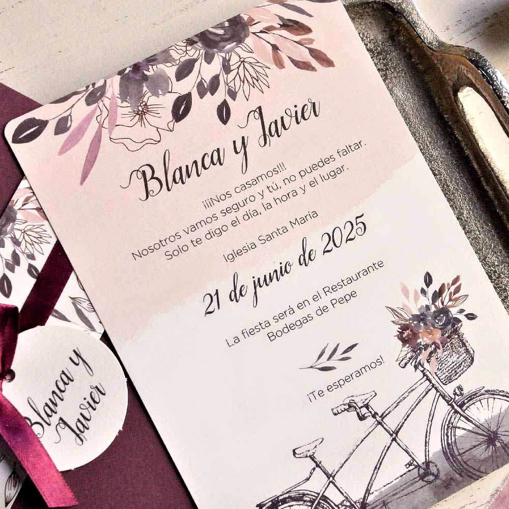 39812-esküvői meghívó-biciklis, lila, masni, virág-Erdélyi Esküvői Meghívók