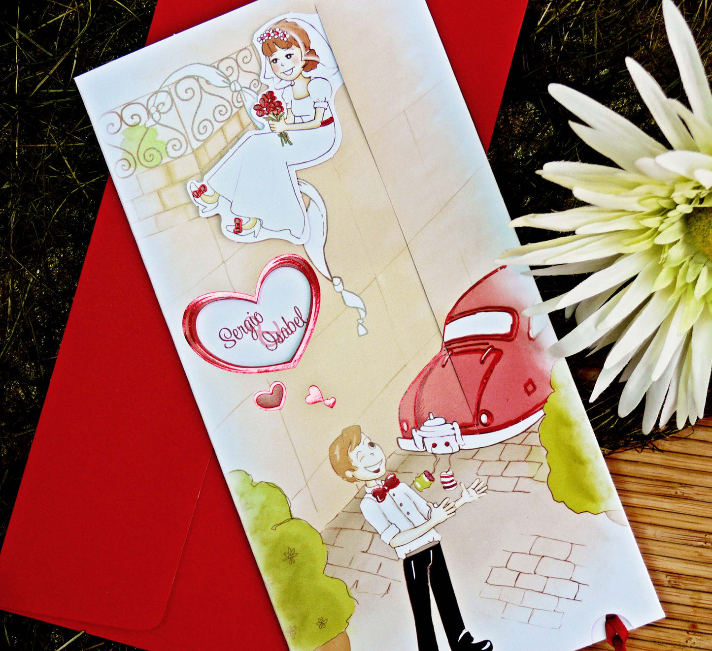 32708-esküvői meghívó-autós, piros, rajz, szív, vicces-Erdélyi Esküvői Meghívók