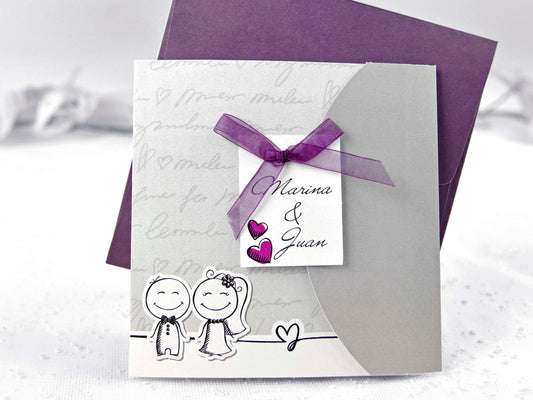 35641-esküvői meghívó-lila, masni, rajz, szív, vicces-Erdélyi Esküvői Meghívók