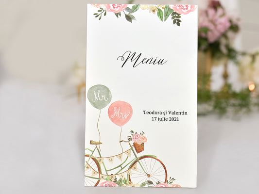 3736-Menü-biciklis, vintage, virág-Erdélyi Esküvői Meghívók