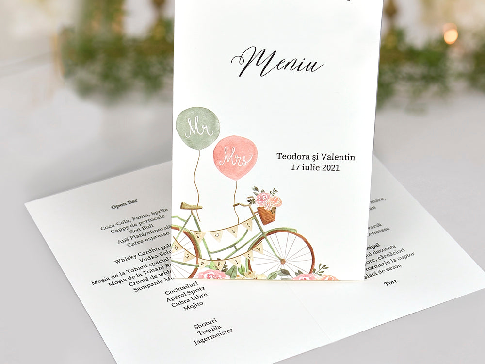 3736-Menü-biciklis, vintage, virág-Erdélyi Esküvői Meghívók