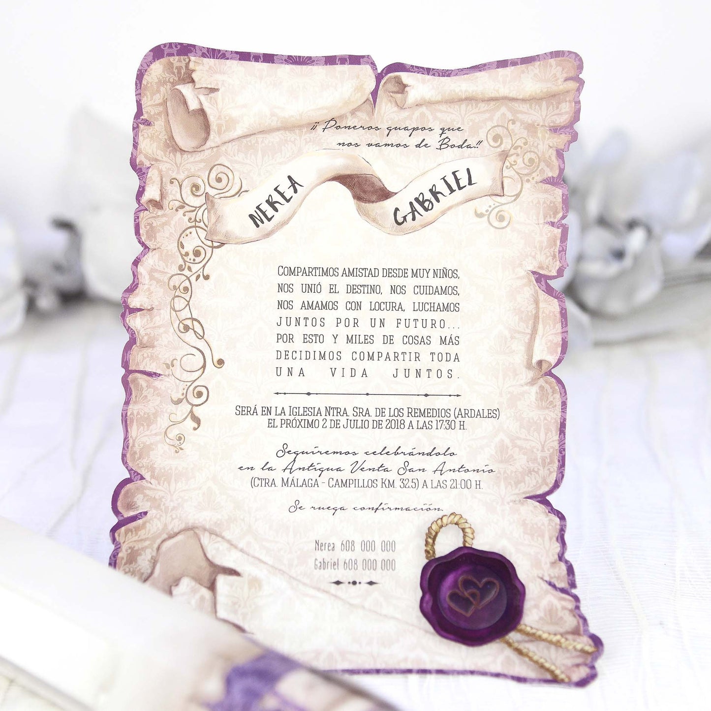 39215-esküvői meghívó-doboz, lila, papirusz, pecsét-Erdélyi Esküvői Meghívók