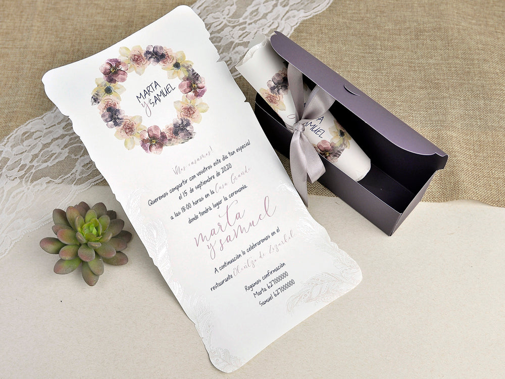 39627-esküvői meghívó-doboz, dombornyomott, lila, masni, virág-Erdélyi Esküvői Meghívók