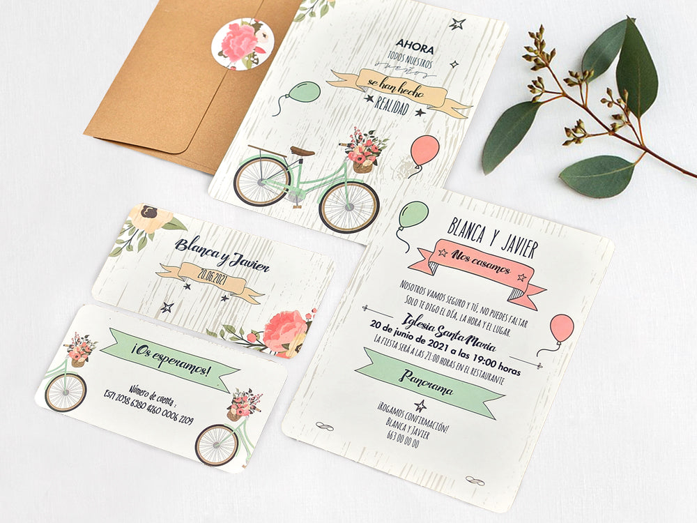 39737-esküvői meghívó-barna, biciklis, rajz, virág-Erdélyi Esküvői Meghívók