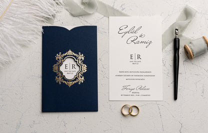 9162 - Elegáns Esküvői Meghívó-esküvői meghívó-Erdélyi Esküvői Meghívók-arany,barokk minta,dombornyomott,elegans,kék-Erdélyi Esküvői Meghívók