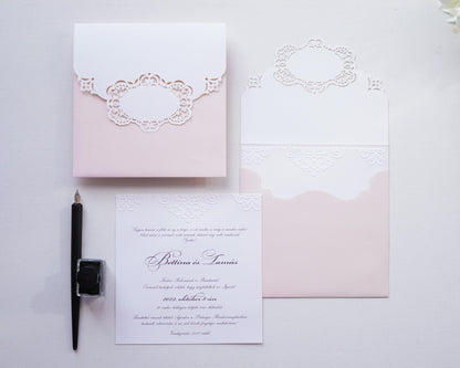 1118 - Lézervágott Esküvői Meghívó-esküvői meghívó-Erdélyi Esküvői Meghívók-barack,barokk minta,dombornyomott,elegáns,lasercut,pink-Erdélyi Esküvői Meghívók