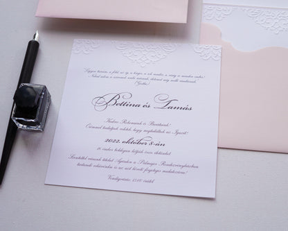 1118 - Lézervágott Esküvői Meghívó-esküvői meghívó-Erdélyi Esküvői Meghívók-barack,barokk minta,dombornyomott,elegáns,lasercut,pink-Erdélyi Esküvői Meghívók