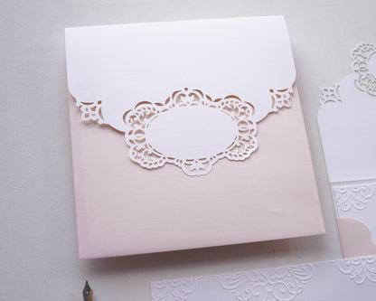 1118 - Lézervágott Esküvői Meghívó-esküvői meghívó-Erdélyi Esküvői Meghívók-barack,barokk minta,dombornyomott,elegáns,lasercut,pink-Erdélyi Esküvői Meghívók