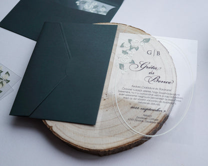 9213 - Plexi esküvői meghívó-esküvői meghívó-Erdélyi Esküvői Meghívók-arany,greenery,level,plexi,premium,zöld-Erdélyi Esküvői Meghívók