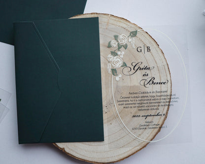 9213 - Plexi esküvői meghívó-esküvői meghívó-Erdélyi Esküvői Meghívók-arany,greenery,level,plexi,premium,zöld-Erdélyi Esküvői Meghívók