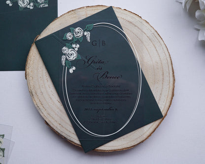 9213 - Plexi esküvői meghívó-esküvői meghívó-Erdélyi Esküvői Meghívók-arany,greenery,level,plexi,premium,zöld-Erdélyi Esküvői Meghívók