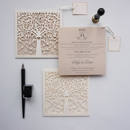 1167 - Lézervágott Esküvői Meghívó-esküvői meghívó-Erdélyi Esküvői Meghívók-barack,krém,lasercut,premium,szív-Erdélyi Esküvői Meghívók
