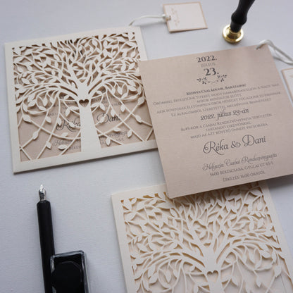 1167 - Lézervágott Esküvői Meghívó-esküvői meghívó-Erdélyi Esküvői Meghívók-barack,krém,lasercut,premium,szív-Erdélyi Esküvői Meghívók