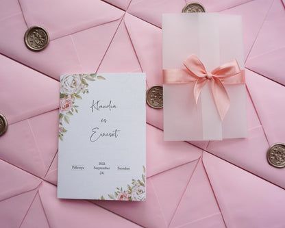 EM29 - Pausz borítós kinyitható esküvői meghívó-esküvői meghívó-Erdélyi Esküvői Meghívók-egyedi,pausz,pink,rózsa,rózsaszín,virág-Erdélyi Esküvői Meghívók