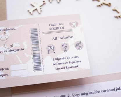 EM35 - Kétoldalas beszállókártyás esküvői meghívó-esküvői meghívó-Erdélyi Esküvői Meghívók-egyedi,travel,utazás,vicces-Erdélyi Esküvői Meghívók