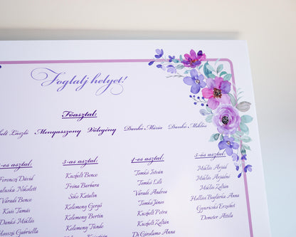 UR19 - Lila aquarelle virágos ültetési rend-Ültetési rend-Erdélyi Esküvői Meghívók-pink,piros,virág-Erdélyi Esküvői Meghívók